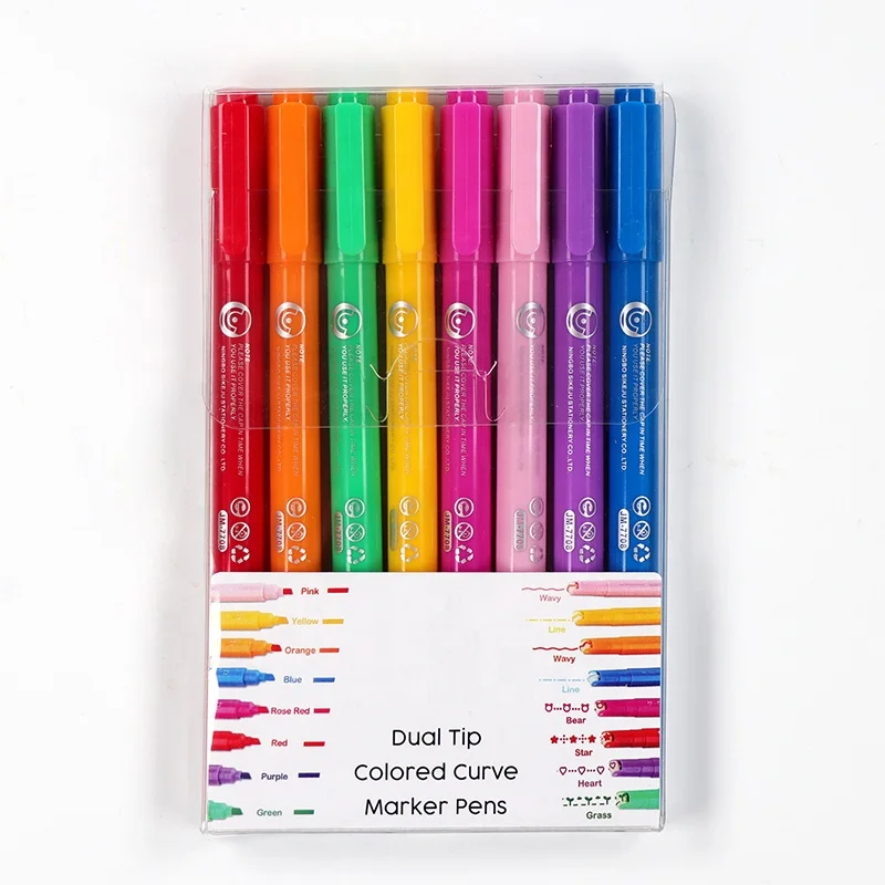 8 Dual Tip Colored Curve Marker Pens