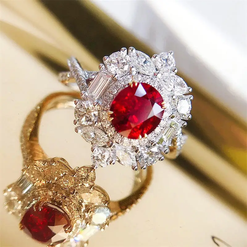 Royal Fine Jewelry Supplier Ruby Ring Gold Trendy Europe Natural for Women South Africa Real Diamond 0.9ct Pigeon Blood Red 18k