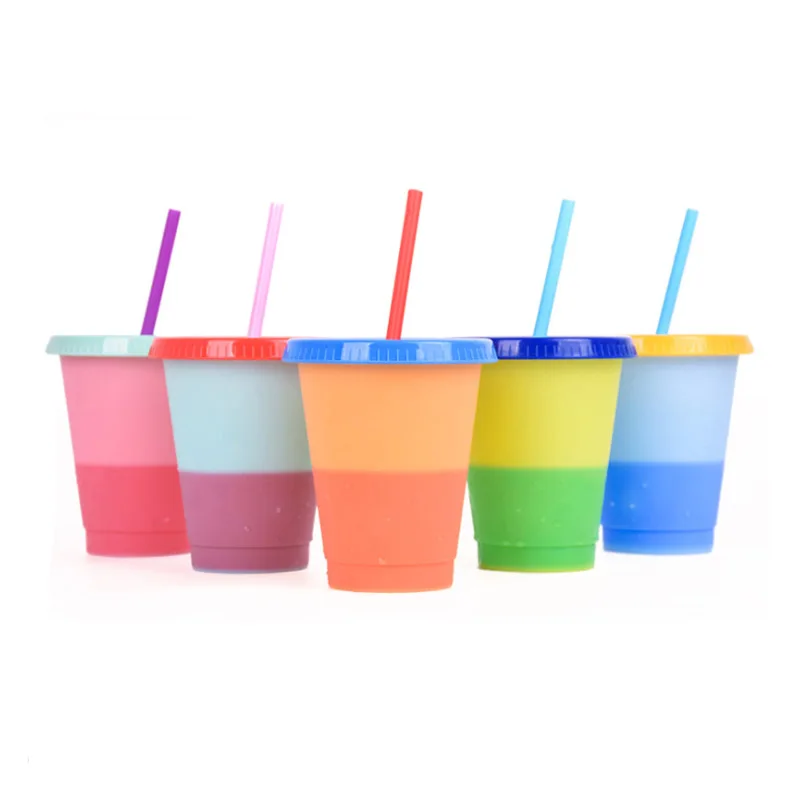 ECO takeaway plastic reusable color changing cold cup with lid and straw 16oz 24oz