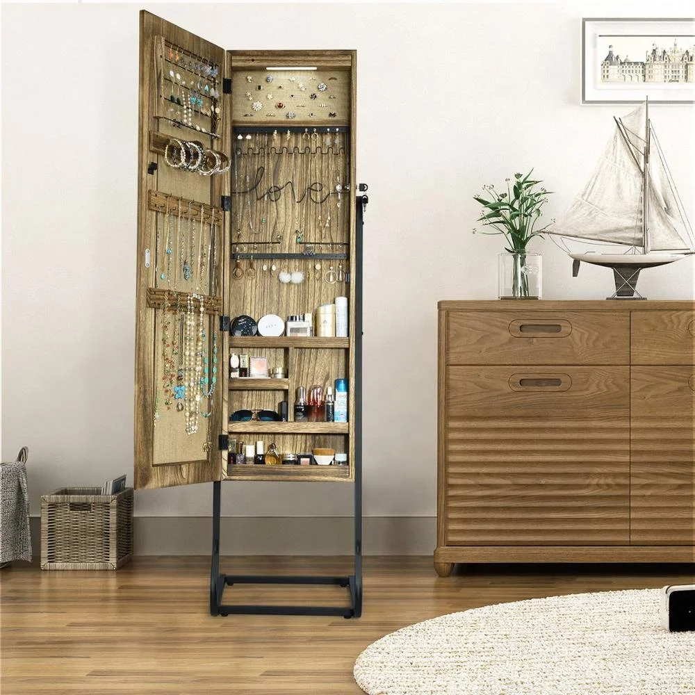 
Jewelry Armoire Cabinet Solid Wood Standing Jewelry Organizer with Full Length Mirror (Carbonized Black) 