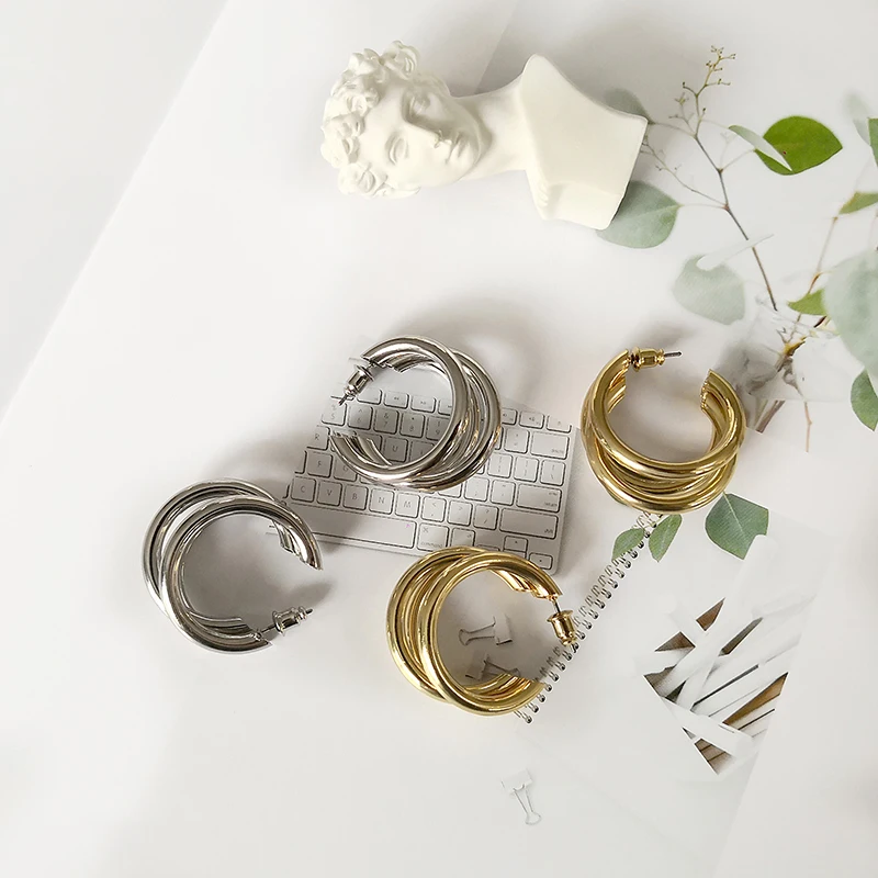 Gold Silver Color Multi Row Hoop Earrings for Women Simple Three Circle Hoop Earrings Bohemia Geometric Round Earrings