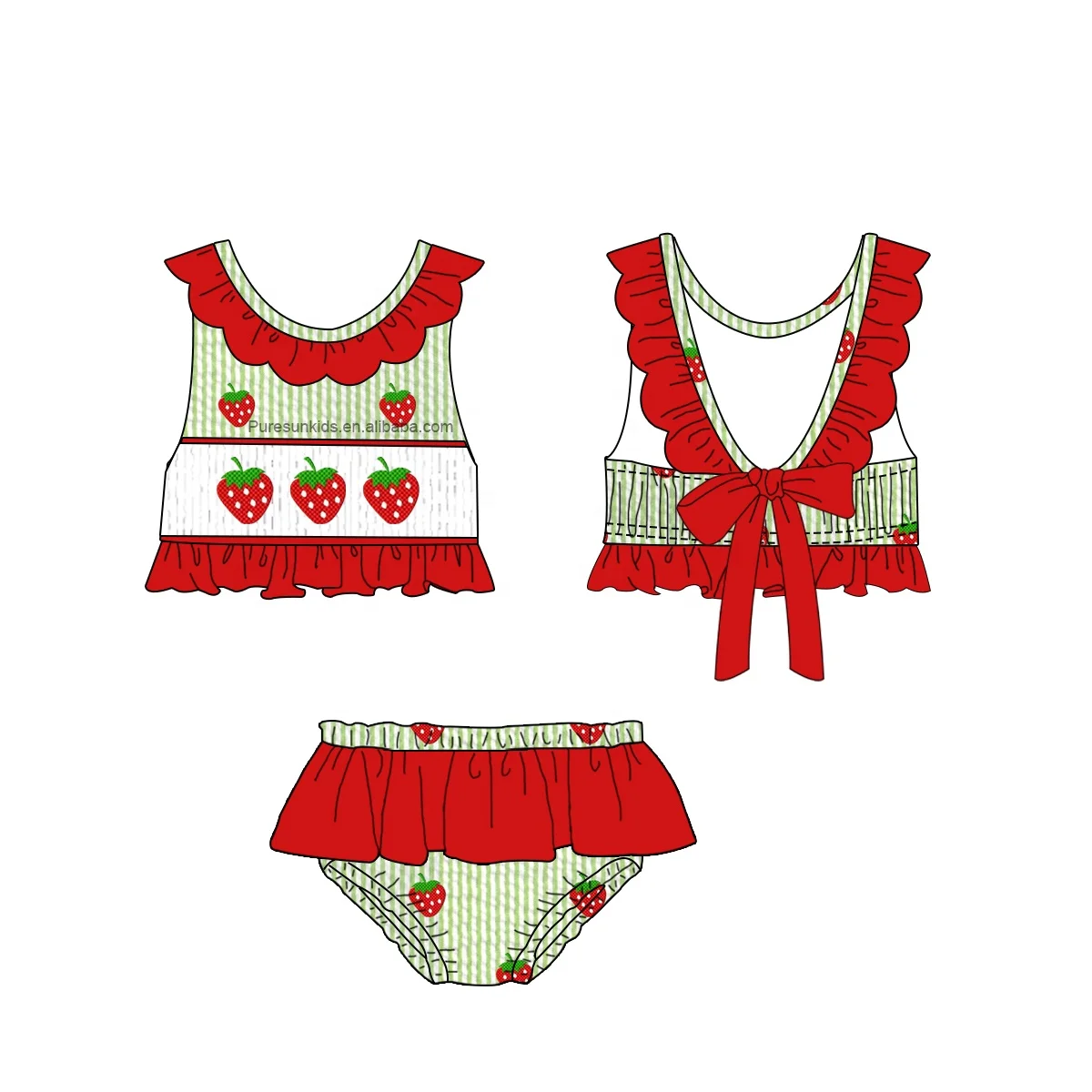 Puresun new design children swimwear scalloped ruffle-strap girl swimwear embroidery wholesale smocked kids swimwear