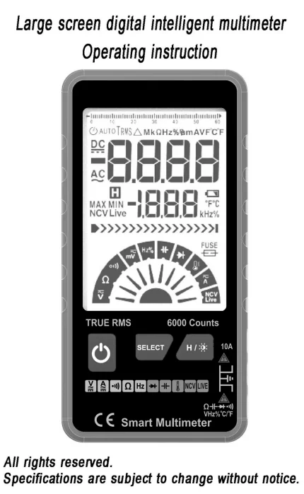 Battery-powered, auto-ranging,true RMS digital multimeter with a 6000 counts LCD display.