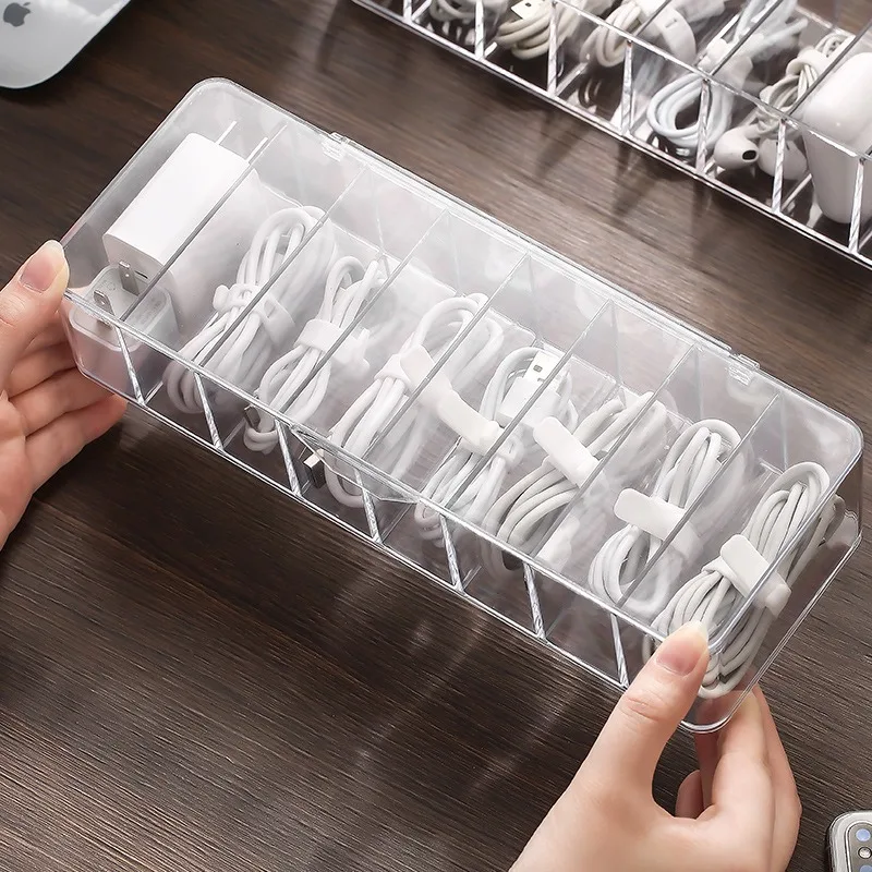 Plastic Desktop Sorting Compartments Cord Holder Data Charging Cable Earphone Organizer Transparent  Data Cable Storage Box