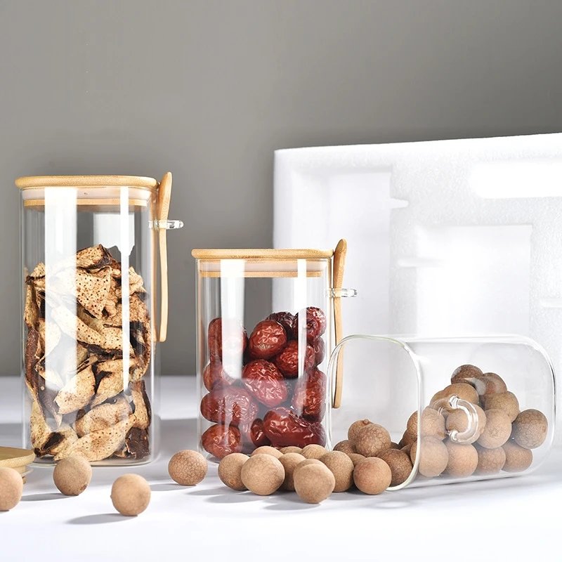 Transparent Glass Household Food Storage Jars with Bamboo Wood Lid Spoon for Salt Sugar Spice Pepper Seasoning for Hotels