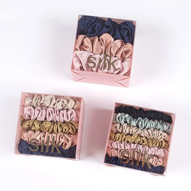 Резинки для волос с логотипом на заказ для держателя конского хвоста 100% 19 Момми шелковые резинки и наволочка в подарочной коробке