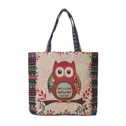 Wholesale Custom New Style Linen Shoulder Bag Yarn-Dyed Cartoon Pattern Large Capacity Handbag Recycled Tote Beach Bag