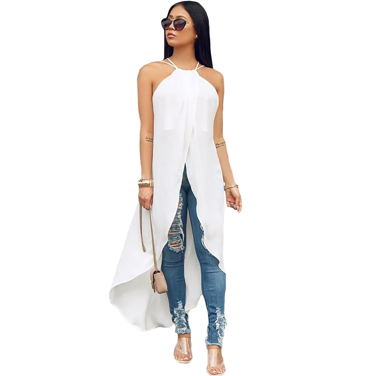 
White Sleeveless Halter Top Asymmetrical Casual Shirt Long Maxi Tunic Tops Blouse Women 
