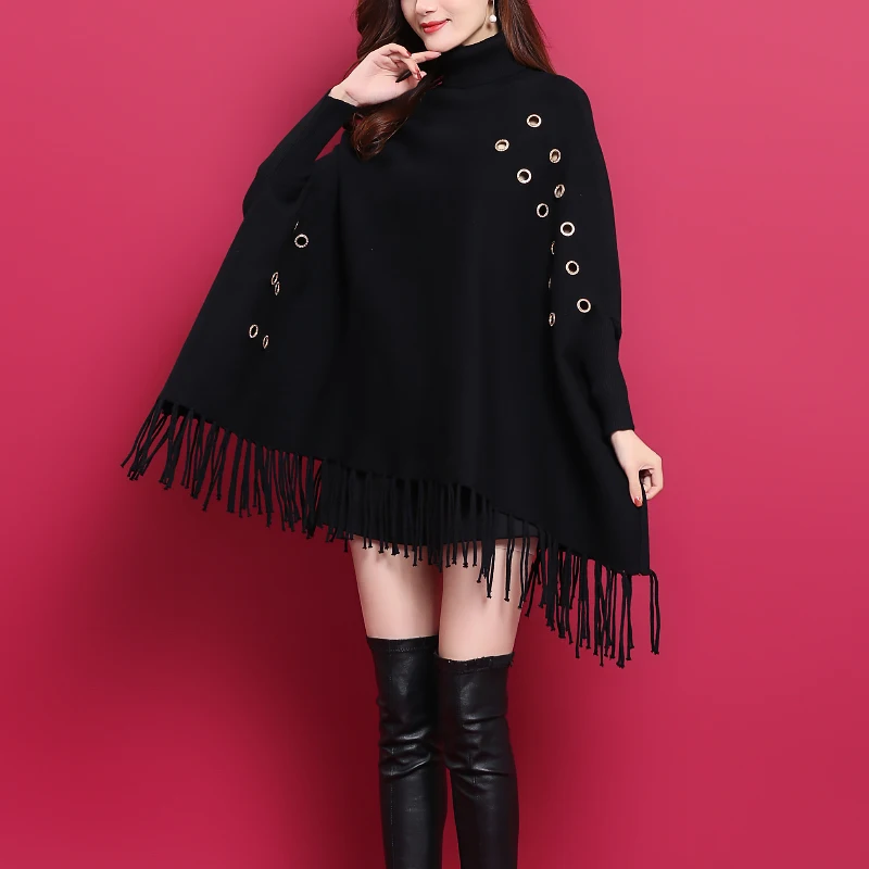 
Hot Selling Fashion Bright Ring Decoration Turtleneck Loose Women Pullover Shawl Sweater Winter Warm Knit Tassel Poncho Cape 