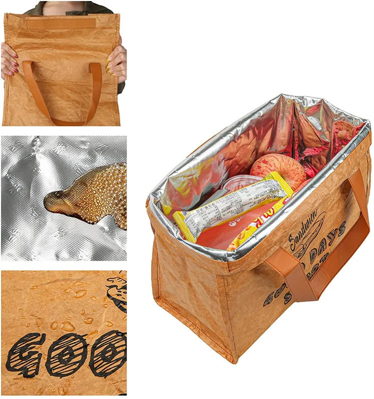 Eco friendly custom kraft dupont paper office food delivery insulated meal prep lunch tyvek bag for shopping