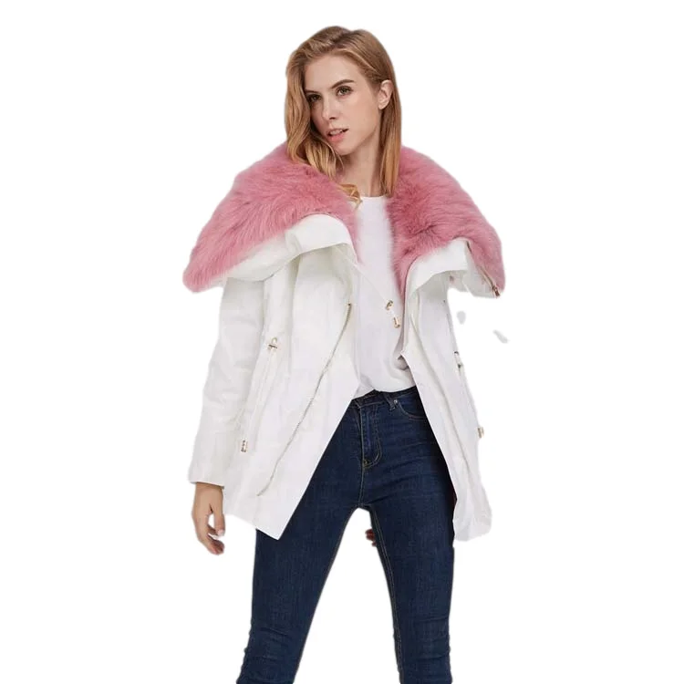 Winter Warm Ladies Real  Fox Fur Pink Lining Parka Coat with Hat