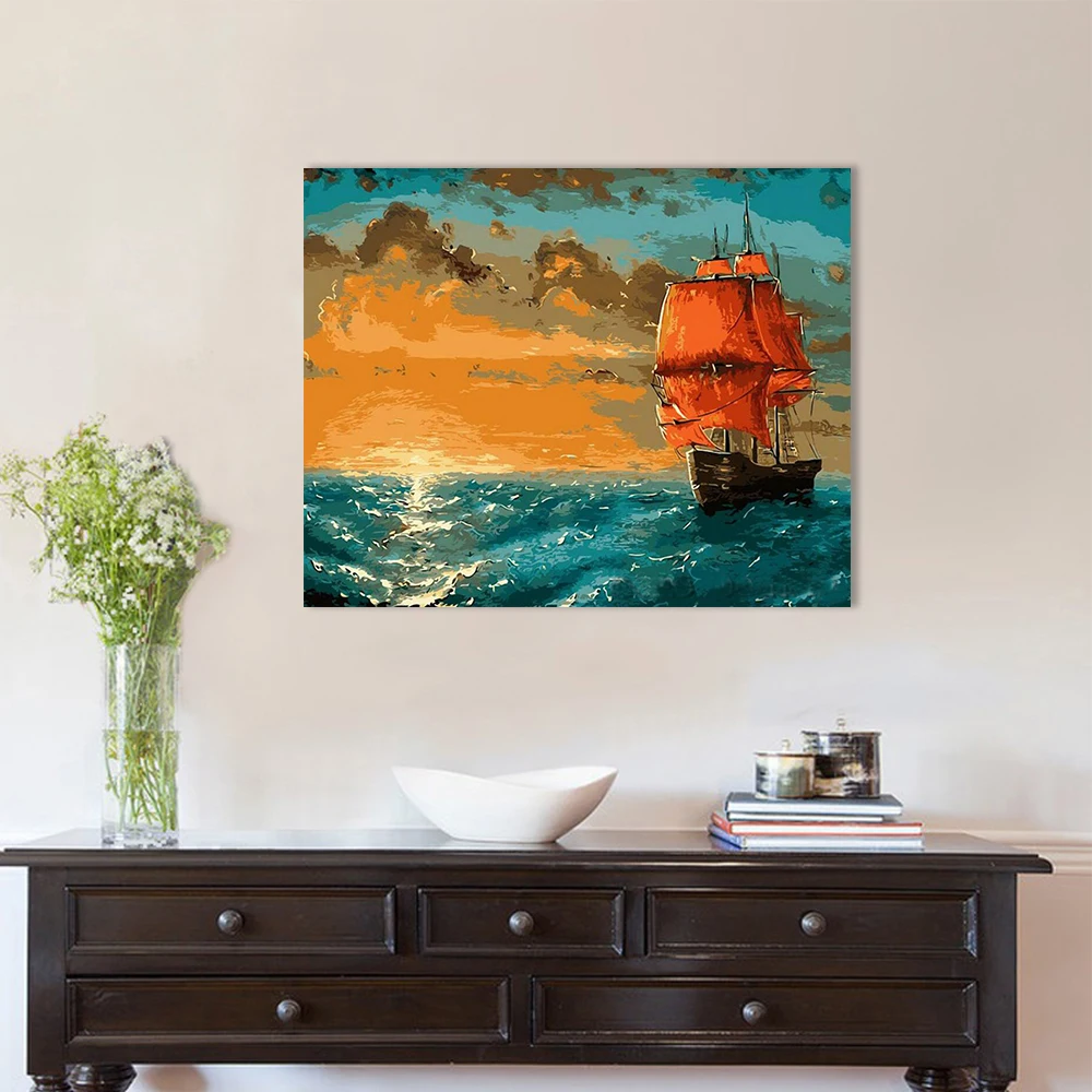 Modern Design sailboat sailed on the sea at sunset diy oil painting by numbers