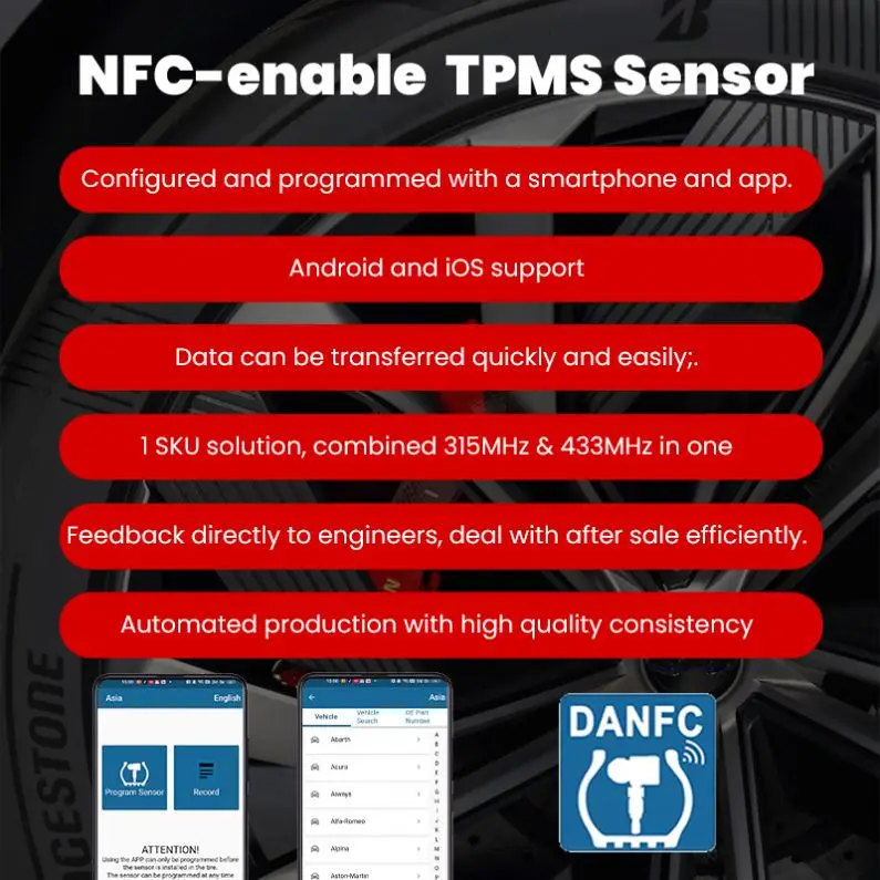 NFC Универсальный датчик Tpms для инструмента автомобиля 433 мГц + 315 программирование по телефону системы контроля давления в шинах