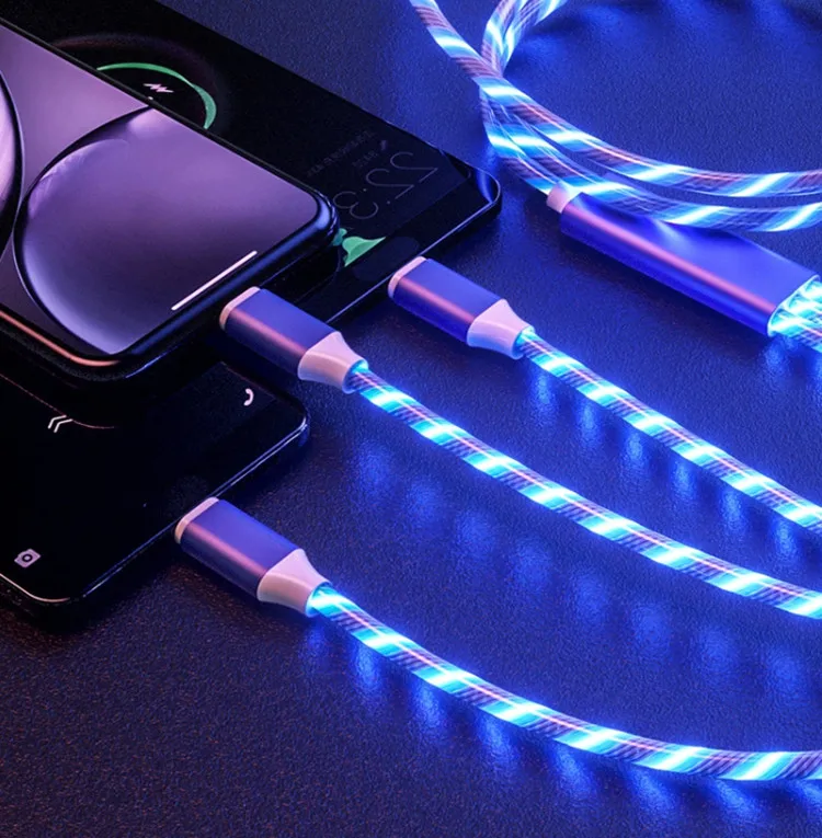 Streamer 3A Quick Charger Led flowing light 3 in 1 usb Cable for cellphone