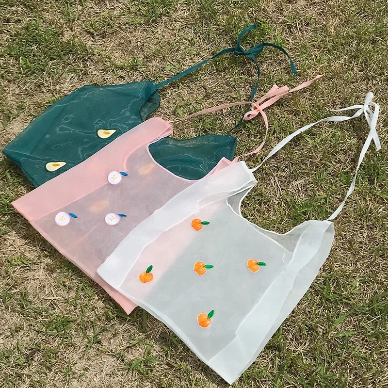 Fruit embroidery transparent organza cute ladies shopping handbag lightweight shoulder tote bags