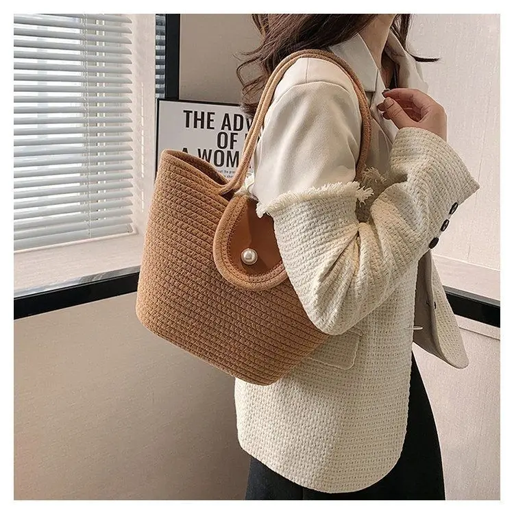 2024 Travel Beach Woven Handbag Woven Basket Tote Shoulder Bag Cotton Rope Crochet Knit Macrame Bag bucket storage beach bag