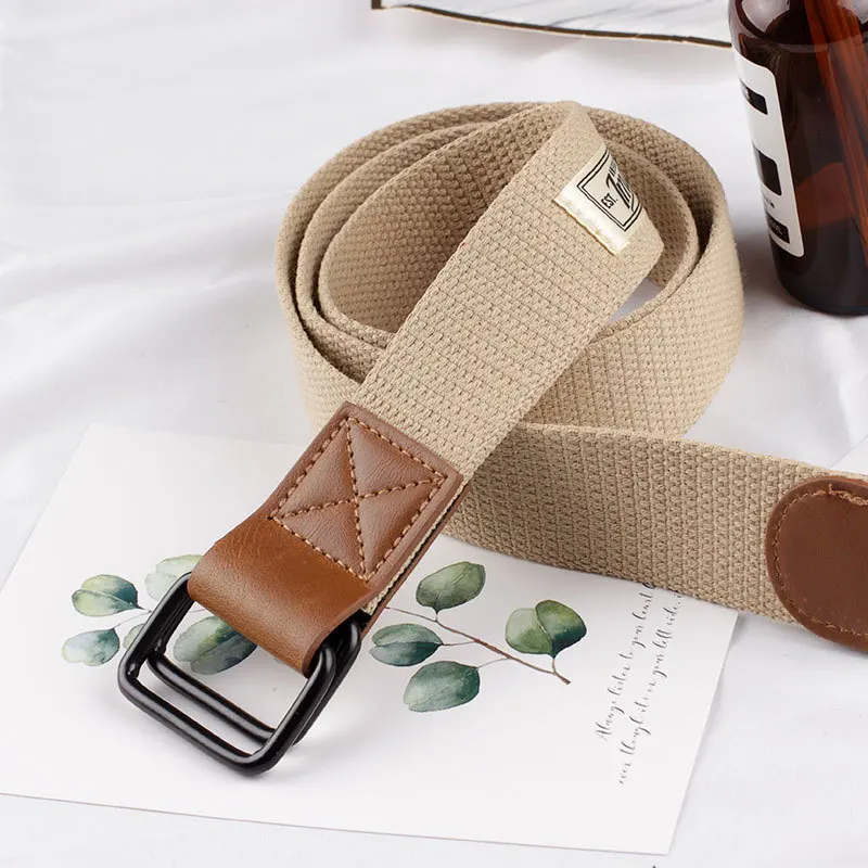 Unisex canvas woven double ring buckle  hip hop style nylon metal buckle material weaving fabric belts for men
