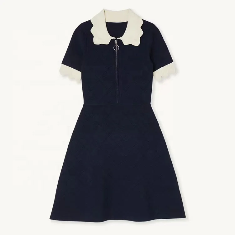 Knitwear manufacturers custom spring summer black lace collar short sleeves women knit sweater dress