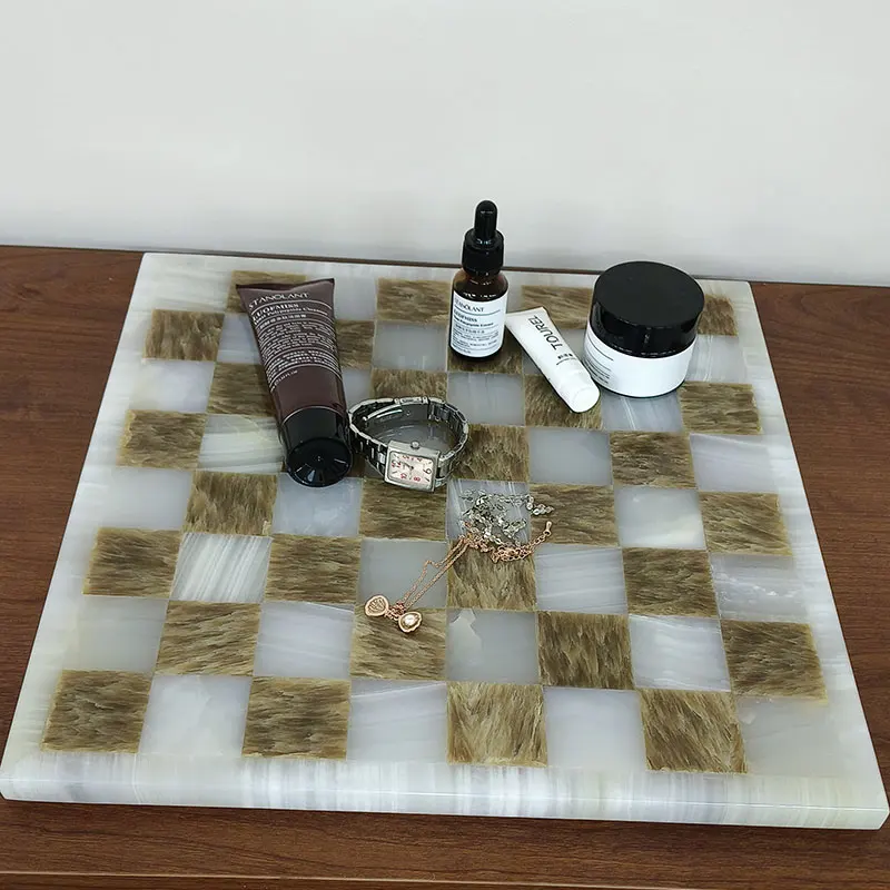 stonekocc Luxury Natural Onyx Game Board Mosaic Checkerboard Grid Tray Designer Room Home Storage Decorative Trays
