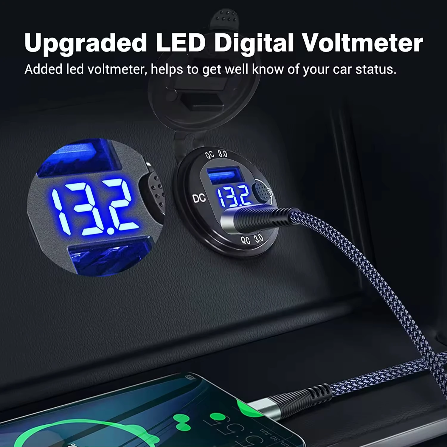 Dual Power Aluminum Fast Charging USB QC3.0 Socket LED Screen Digital Voltmeter 12-24v Car Power Supply 5v Output 1 Year