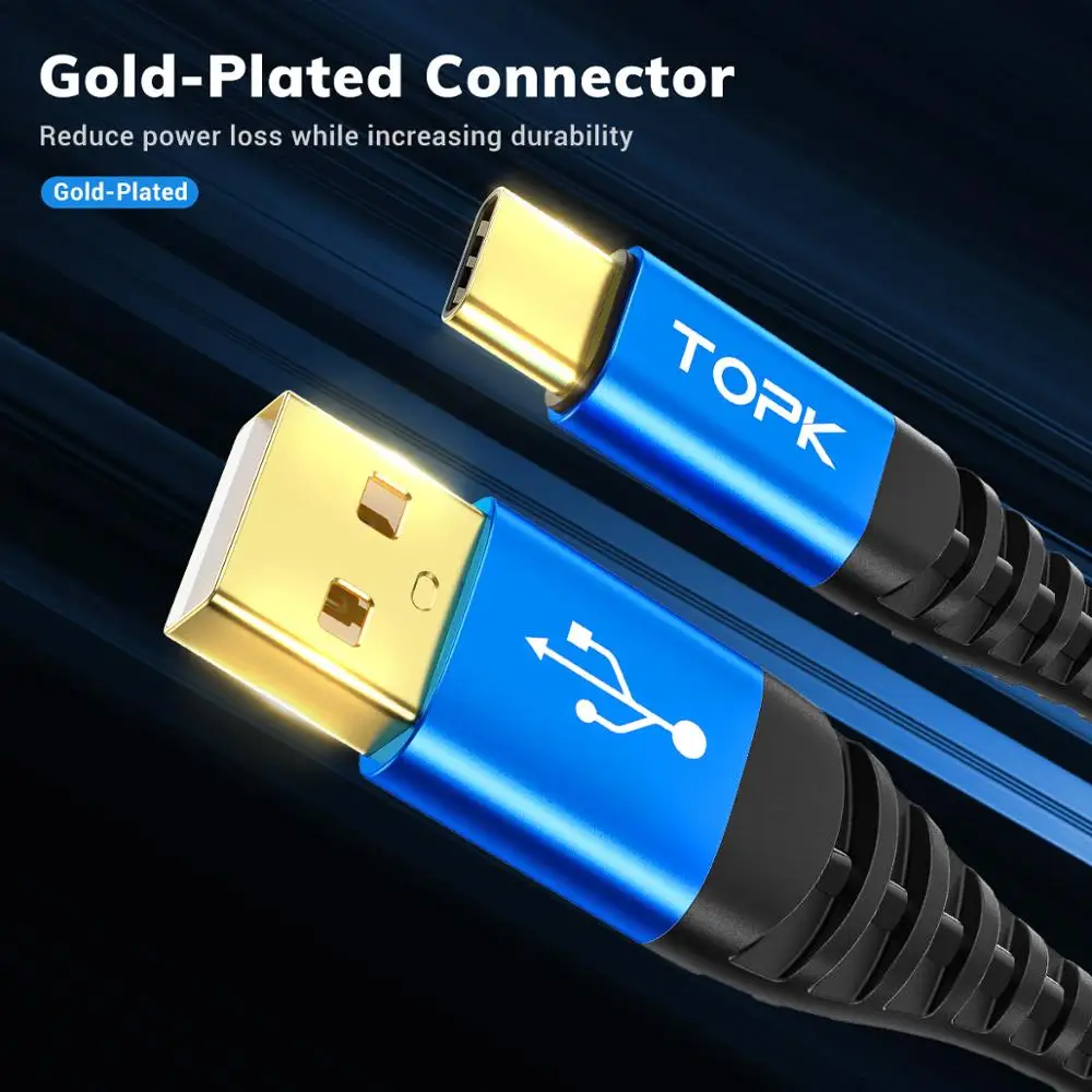  TOPK AN24 1 м (3 3 фута) 3A QC3.0 позолоченный нейлоновый Плетеный USB кабель для передачи данных Type C Iphone Samsung зарядное