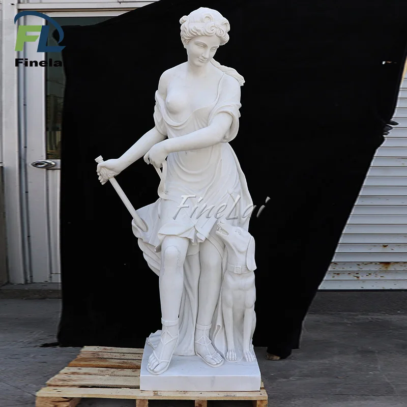 outdoor garden decoration sculpture famous Life Size white greek goddess diana marble artemis statue with dog statue for sale