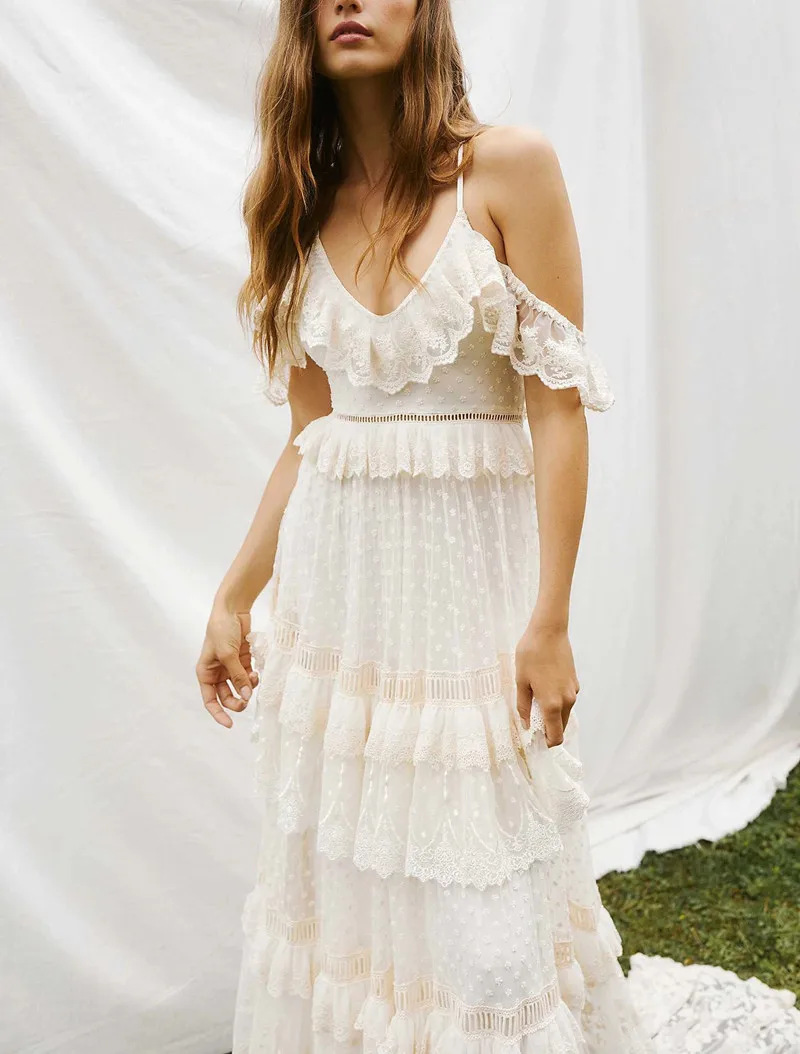  New Arrival Boho Embroidery Off shoulder wedding dress Train skirt  Lace Trim bridal Gown Casual Dress mother of the bride