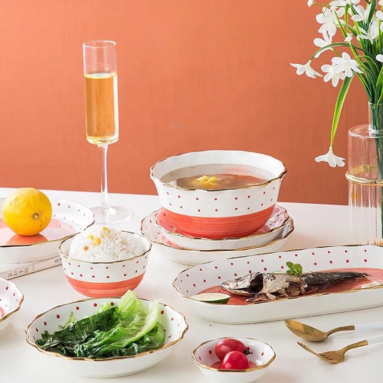 Household Japanese polka dot design ceramic orange glaze bowl plate steak plate