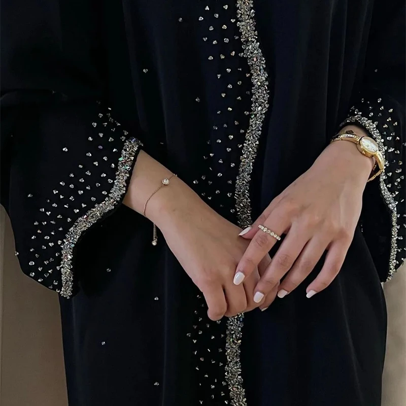 OEM/ODM Eid Abaya High Quality Black rhinestone Long Coat Shining Crystal Dubai Open Abaya Wear Muslim Islamic Clothing
