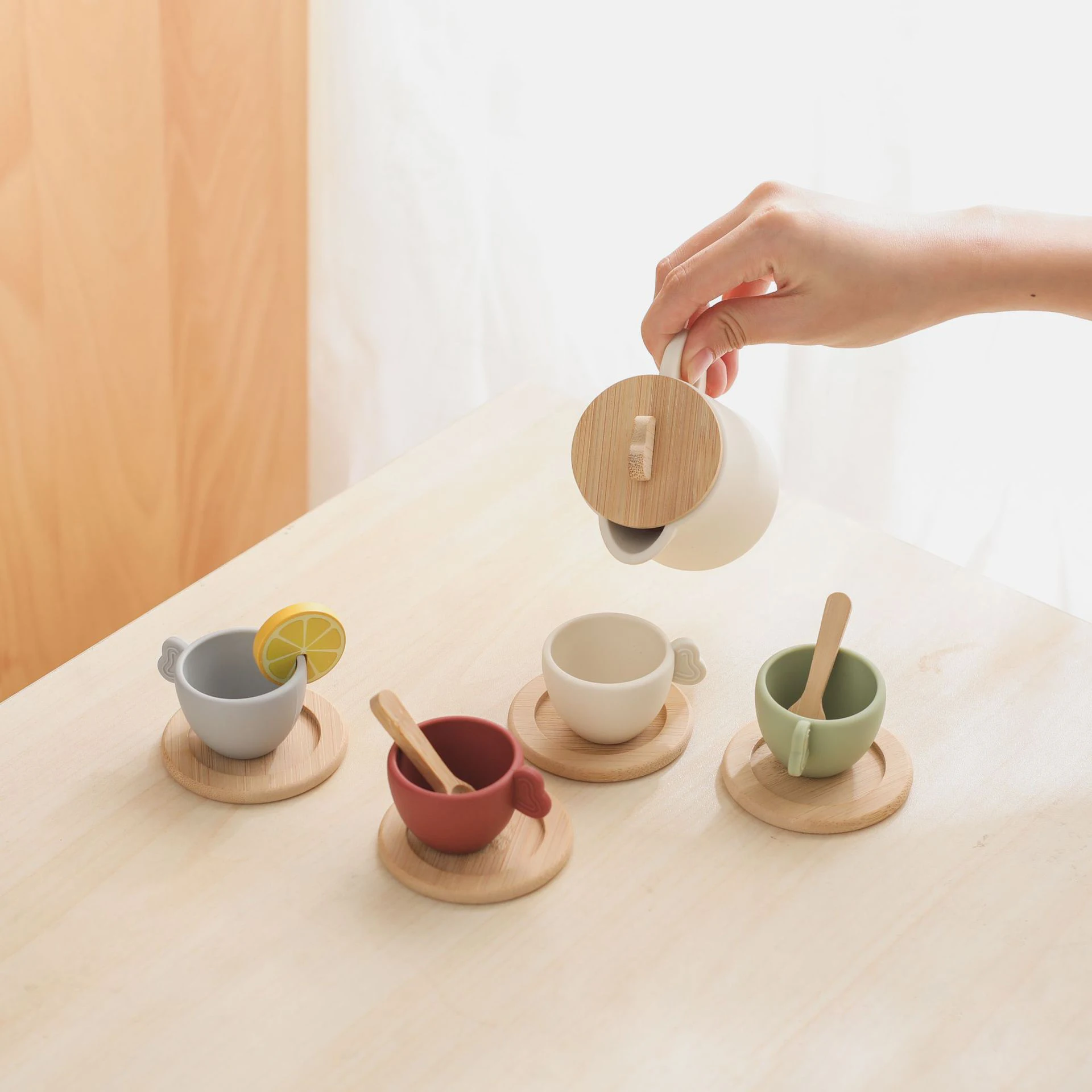 Educational Afternoon Tea Set for Kids Baby Wooden Coasters Food Grade Silicone Kitchen Toy DIY Play House Toy
