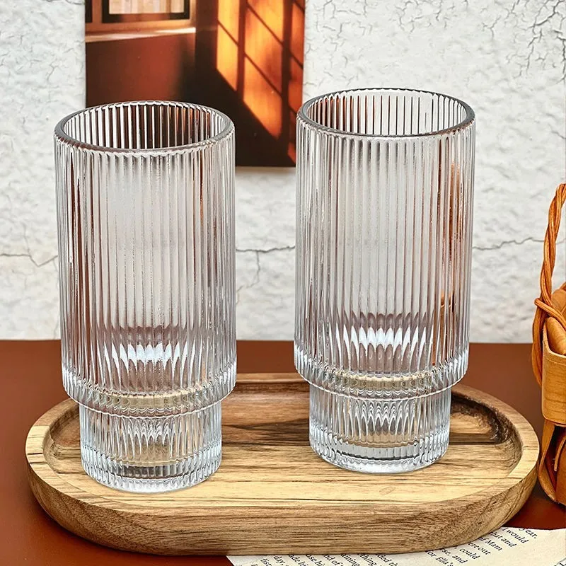 11OZ Transparent Handblown Wholesale Ribbed Glass Cups Juice Coffee Glassware