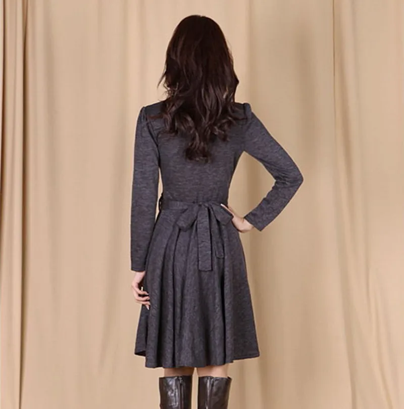 European American Style Hot Cross-Swing Knitted Dress with Long Sleeves Elegant Cotton Empire Waistline Washable Solid Pattern
