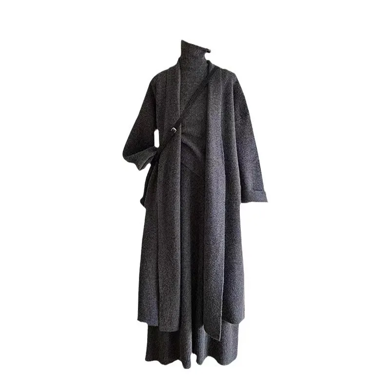 Fashion set women autumn and winter lazy loose knit long shawl cardigan + turtleneck sweater + skirt three-piece set