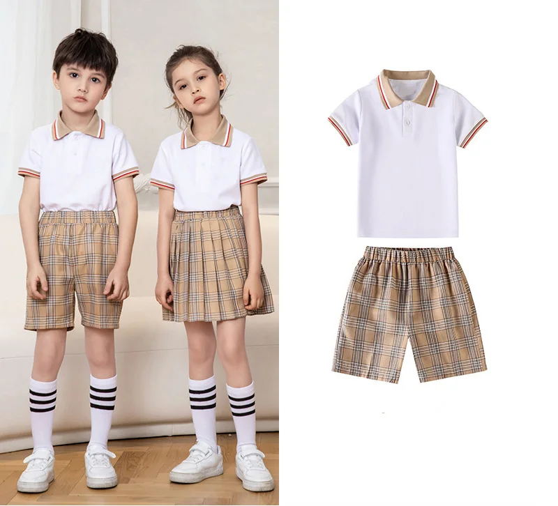custom kids polo t-shirt plaid skirt shorts high middle primary kindergarten school uniform for kids boys girls