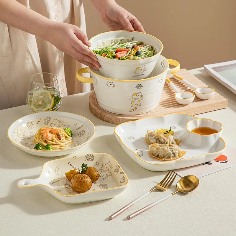 Net Red Creative Ceramic Tableware Cute Lemon Cat Design under Glazed Household Dishes Wholesale for Food Use