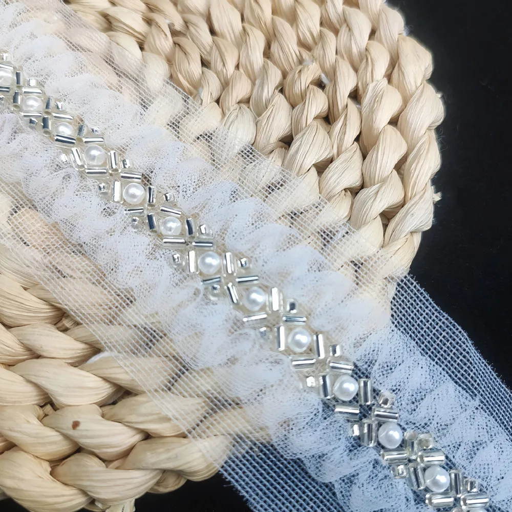 wholesale 3D embroidery tulle lace trimming with beads white sewing Lace ribbon for Bridal wedding dresses Evening Gown clothing