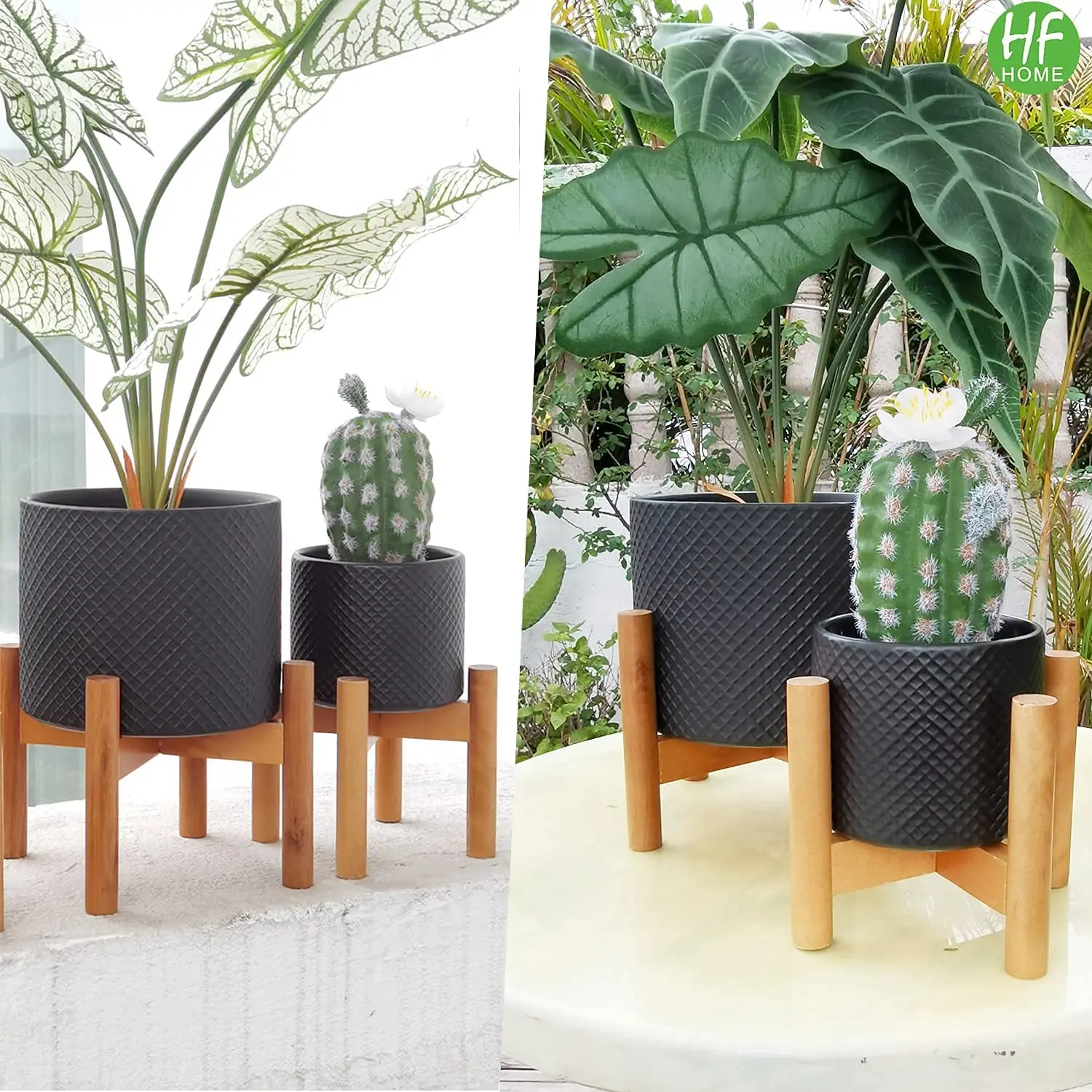 HFHOME Set 2 Mid Century Ceramic Planters Pots with Wood Plant Stands, 7 & 4.7 inch Dia Modern Large Flower Pots with Drainage