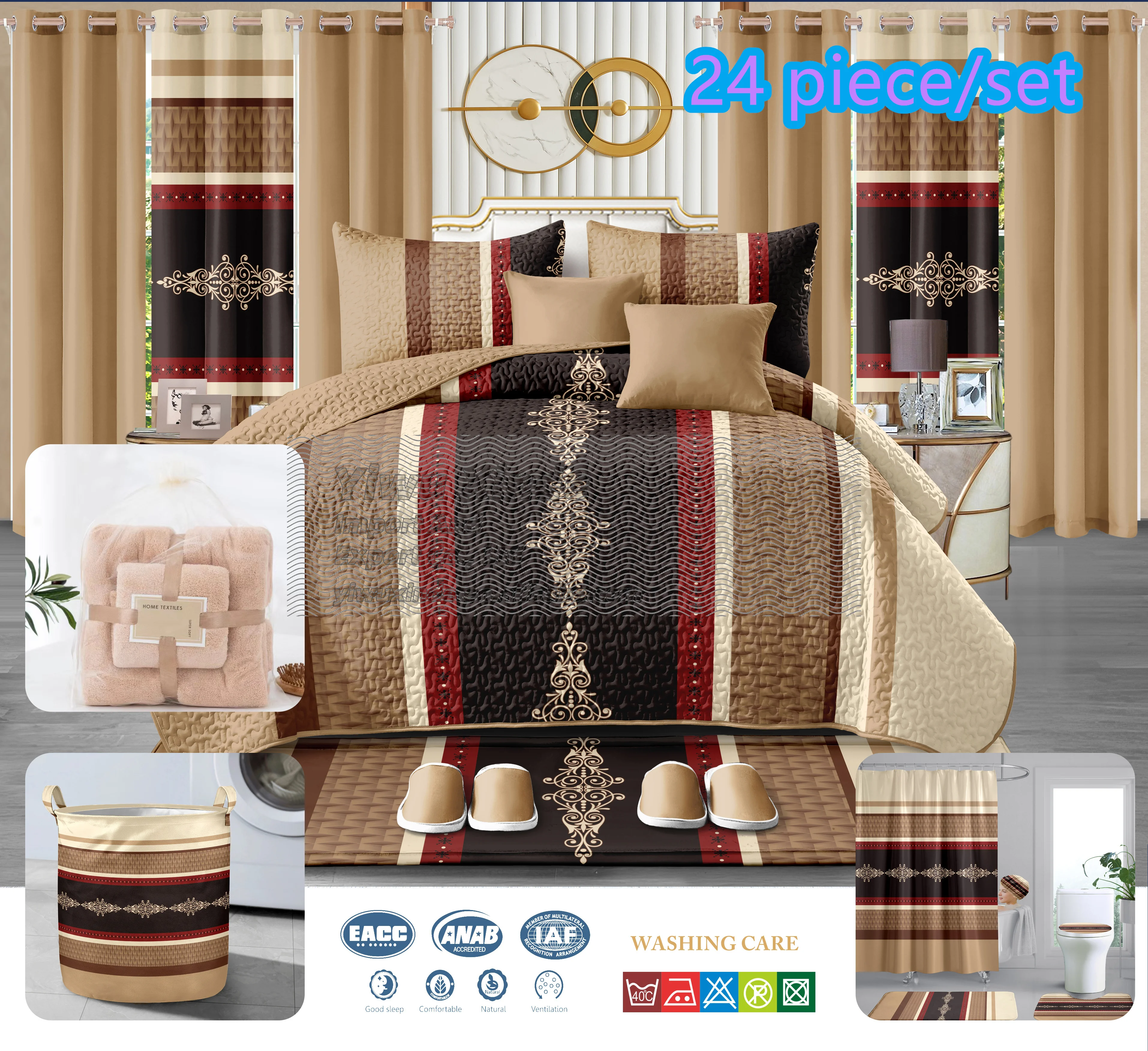 Ready to ship 24pcs bedspread set with matching curtains bathroom sets luxury quilted sheet king size 100% polyester coverlet