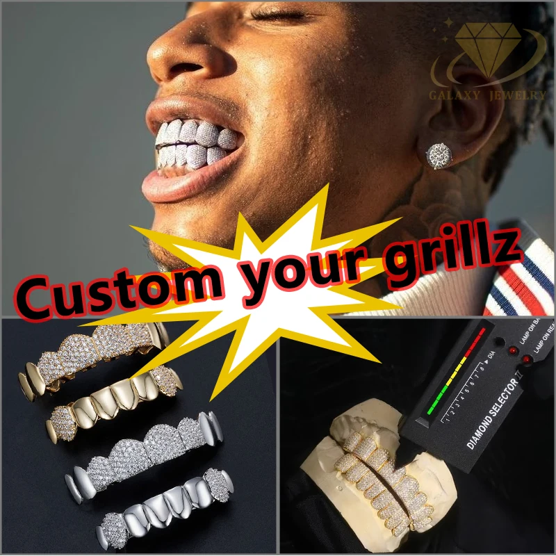 Custom Iced Out Grillz Baguette Cut Vvs Moissanite Pass Diamond Tester Sterling Sliver Mossanite Jewelry Grillz For Teeth