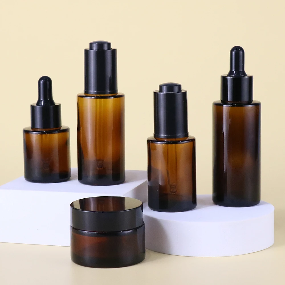Amber 20 30ml 50ml 60ml 100ml 120ml toner flat shoulder cylinder glass dropper bottle for serum essential oil with black dropper