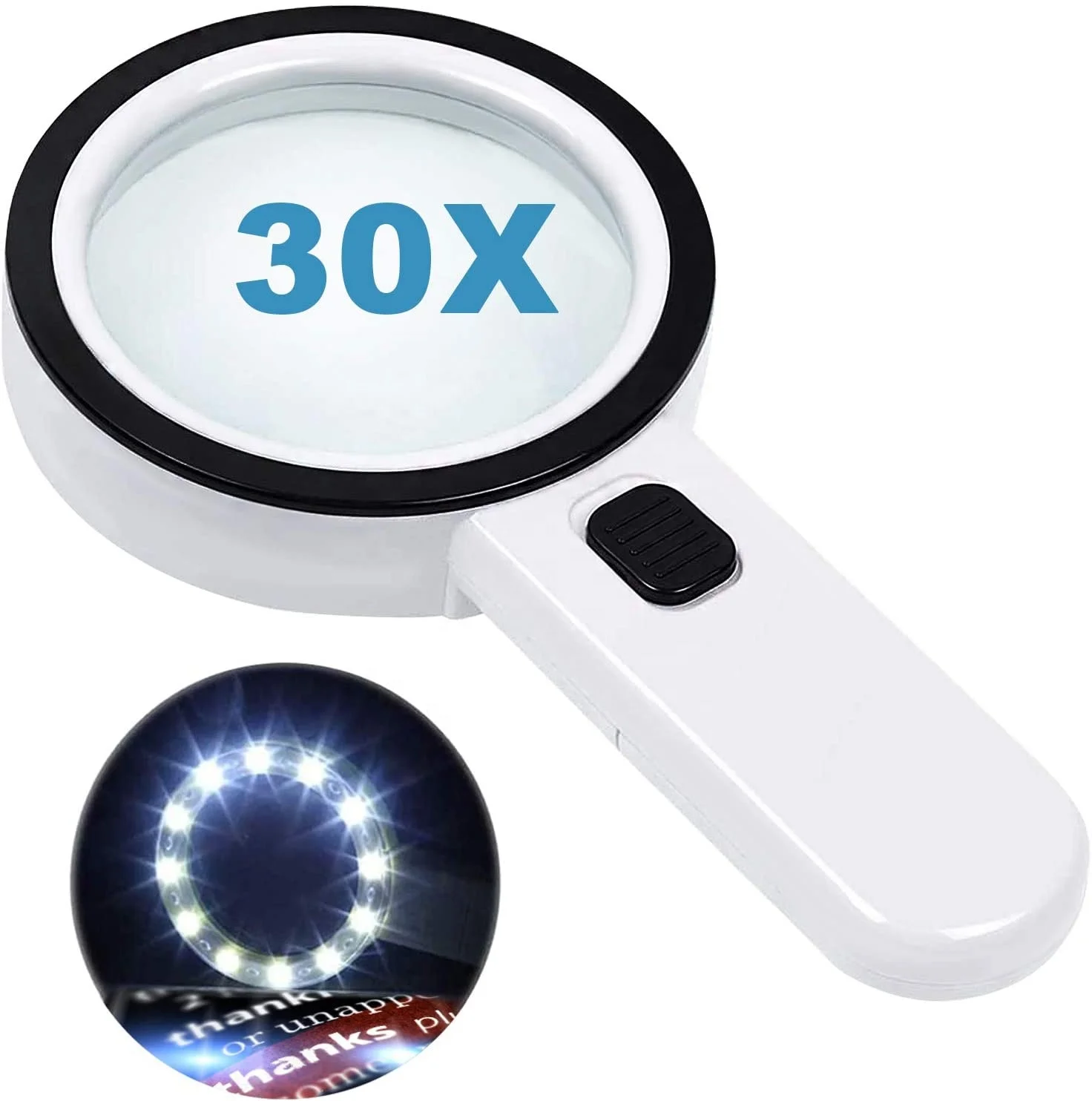 Magnifying Glass with 12 LED Lights, 30X Double Glass Lens Handheld Illuminated Magnifier Reading Magnifying Glass