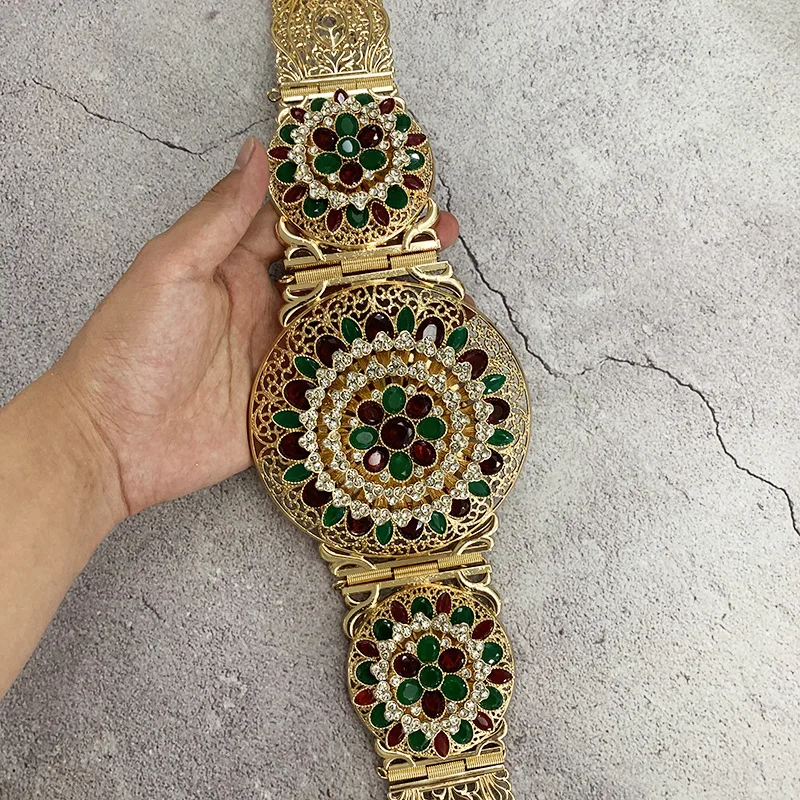 Morocco High Quality Jewelry Belt Women Dress Belt Gold Color Mintgreen Crystal Belly Chain Hollow Jewelry Gift Webbing Belt