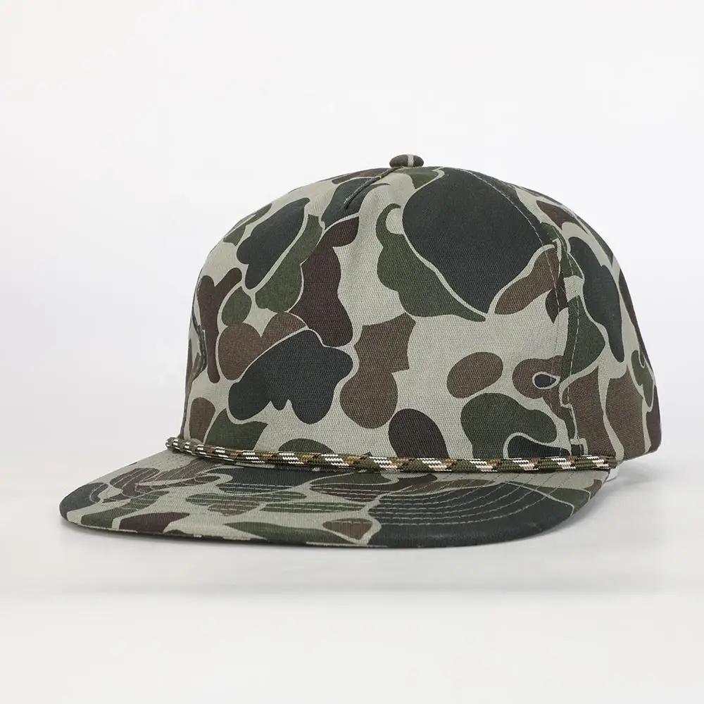 Oem Wholesale Custom High Quality Embroidery Logo 5 Panel Sport Flat Brim Hat Camo Cotton Sport Gorras Cap Rope Snapback Cap