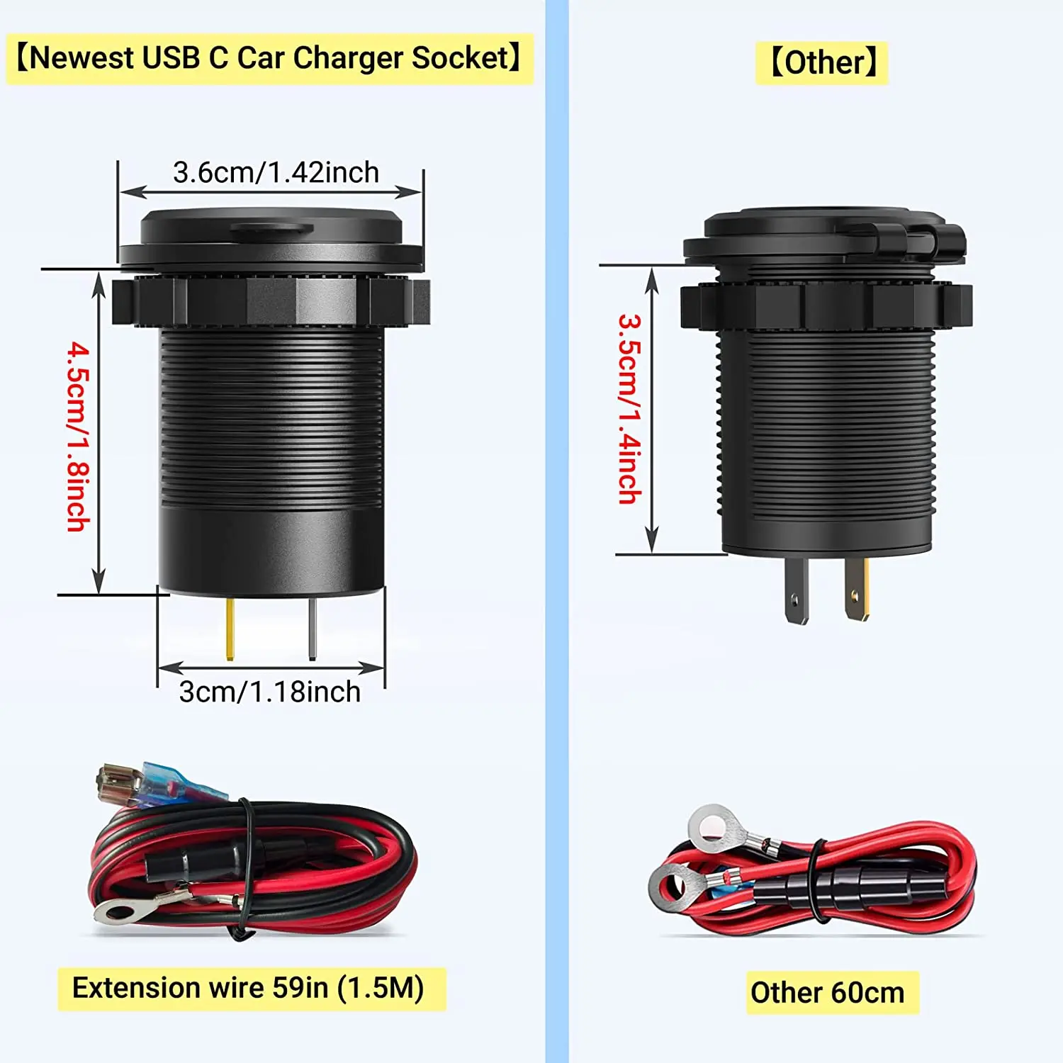 3 Ports USB C Car Charger Socket USB 12V/24V Outlet, Dual 20W PD Type C & 18W QC 3.0 with Button Switch
