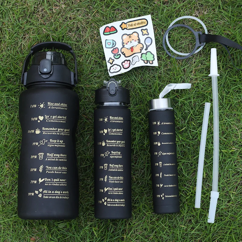 Gradient Frosted Leakproof 3pcs 1 Set Reusable Plastic Water Bottle With 3D Stickers Gym Cyclin