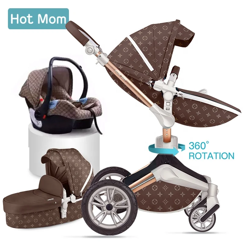 Hot Mom luxury Baby Stroller 3 in 1 Travel System Pram Accessories Brown