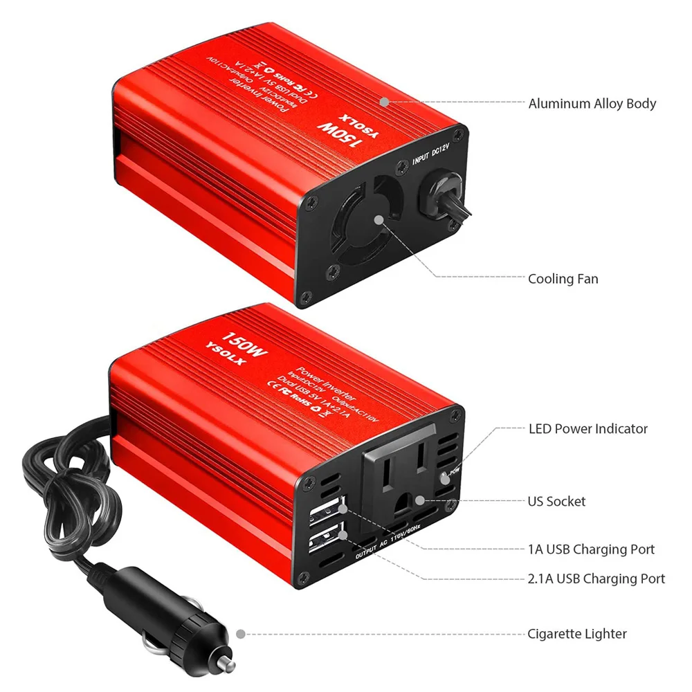 USA Local Stock Free Shipping 150W Car Power Inverter DC 12V To 110V AC Outlet Converter With 2.1A Dual USB Car Charger Adapter