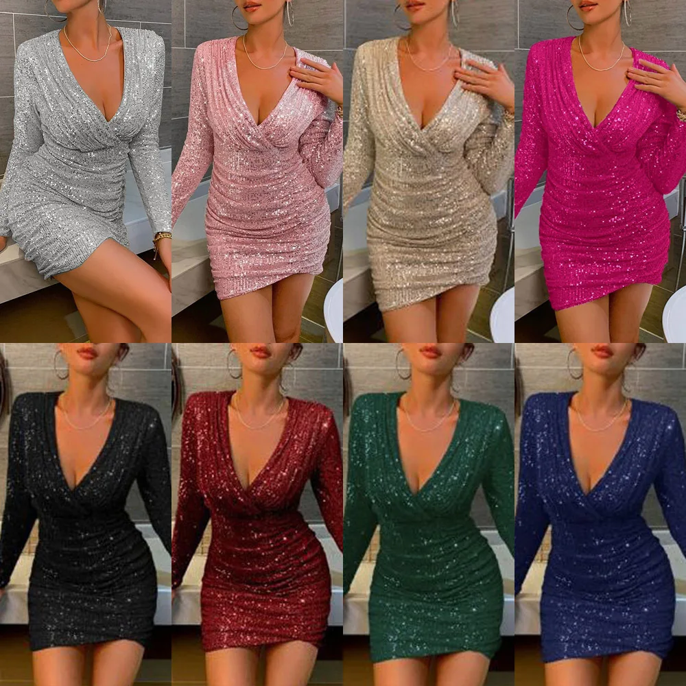 2024 New Women Sexy Bodycon Mini Dress Long Sleeve Fashionable Solid Sequined Dress Evening Party Club V-Neck Short Dress