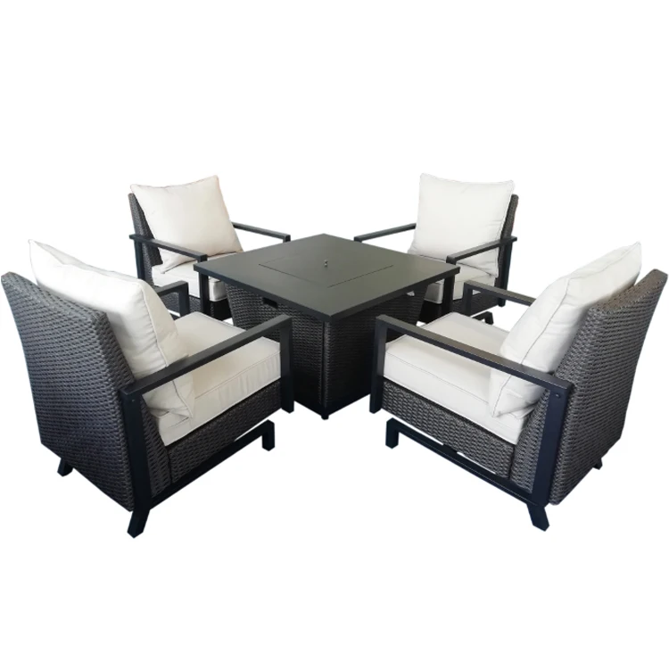 5PC Outdoor C Spring Wicker Motion Gas Fire Pit Cushion Furniture Set