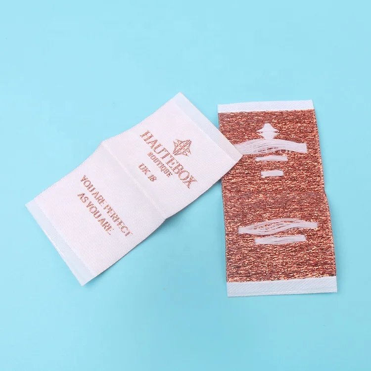 Personalized Custom Shiny Rose Gold Logo Center Folded High Quality Durable Polyester Garments Woven Size Hem Tags